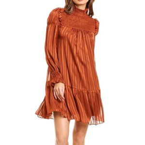 Taylor Dresses Stripe Smocked Yoke Mock Neck Woven Drop Waist Dress